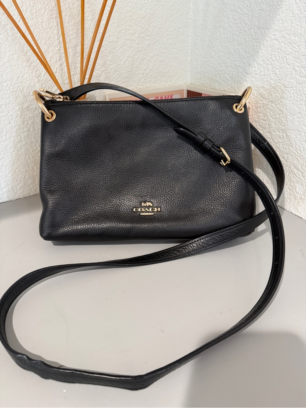 Coach Mia Black Pebbled Crossbody Bag Gold Hardware Zip Closure Detachable Strap